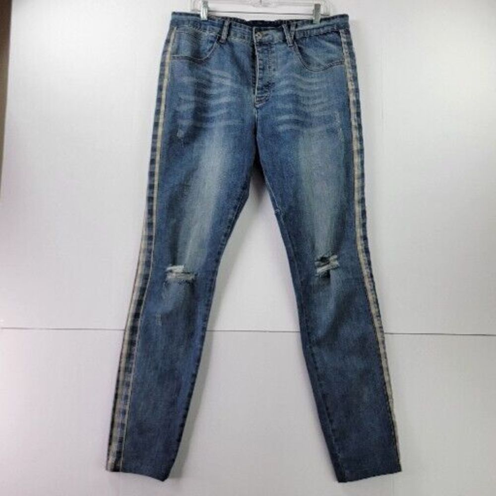Kollar Clothing Jeans mens 38 plaid stripe denim pants blue button fly pockets